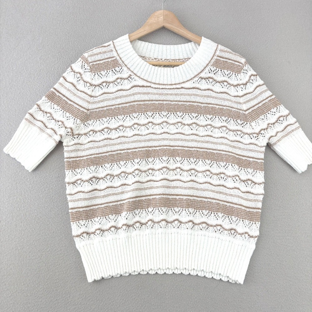 J.Inna Sweater‎ Blouse Women Size M White Brown Striped Pointelle Short Sleeve